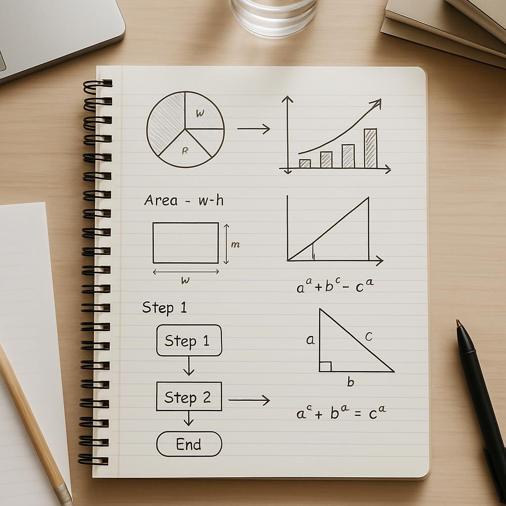A notebook with sketches of various geometric shapes, including a pie chart, bar graph, rectangle, triangle, and equation....