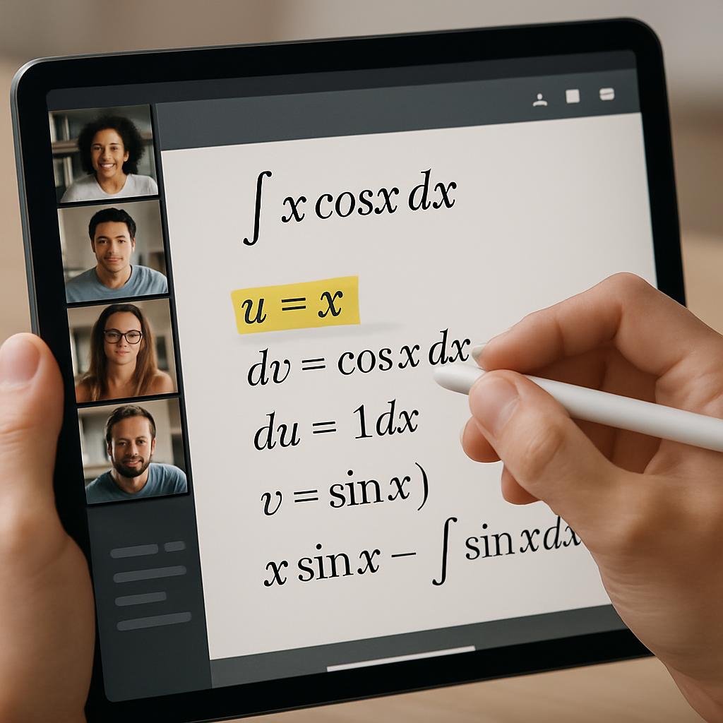 A tablet displaying mathematical equations, held by a hand with a stylus pen, and featuring four small pictures of people ...