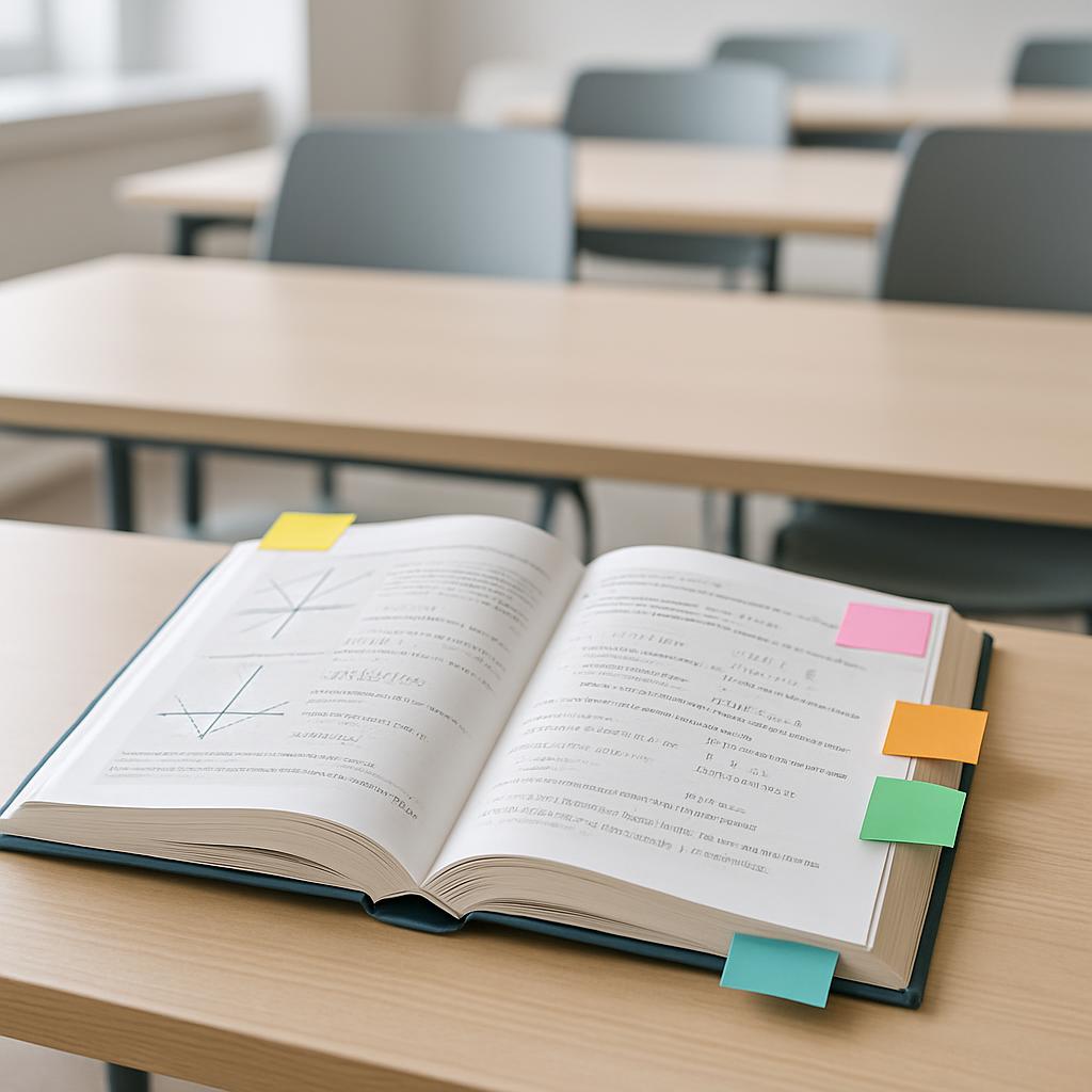 Open book on desk with colorful sticky notes, classroom with empty desks in background.