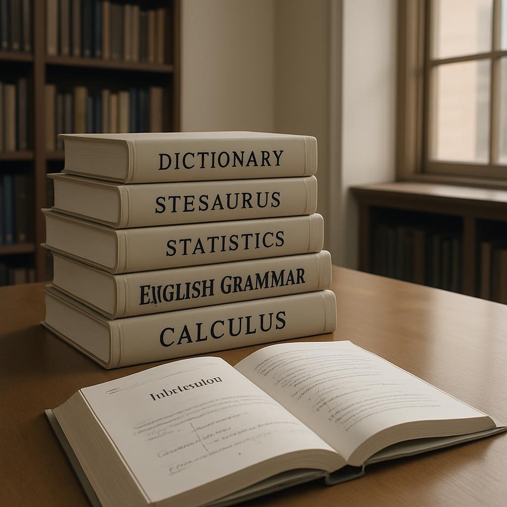 A stack of books in a library setting, with open pages displaying 'Dictionary' and 'Calculus'.