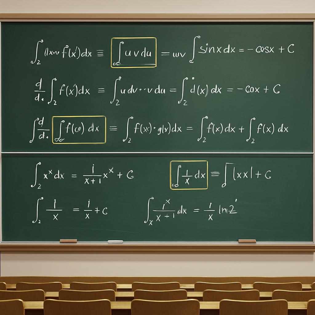 English blackboard filled with mathematical equations in a classroom full of desks, all with chairs.